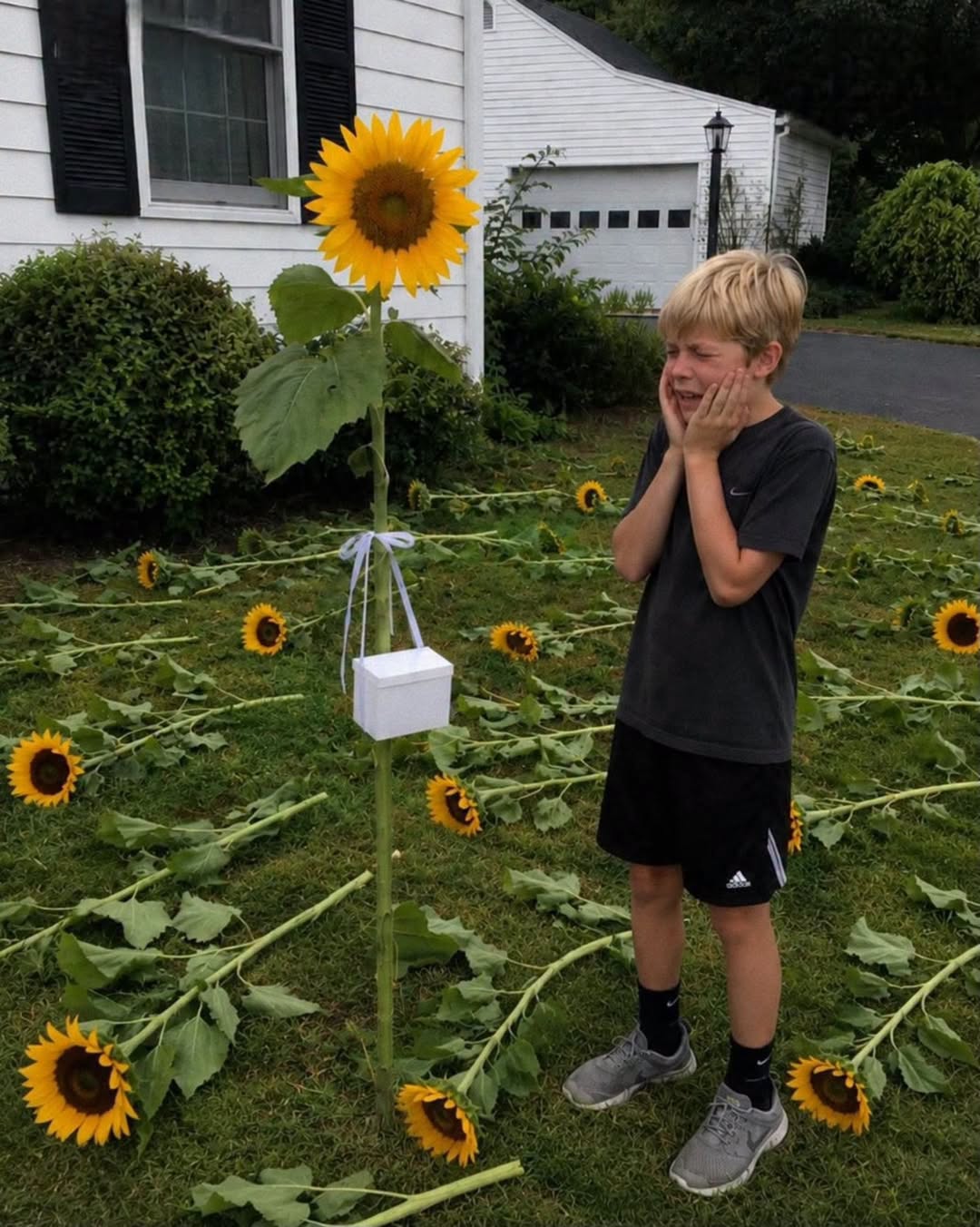 Every year, my son planted sunflowers for his late twin sister—on the sixth anniversary of her death, we found every flower cut down except one, with a small white box … See more