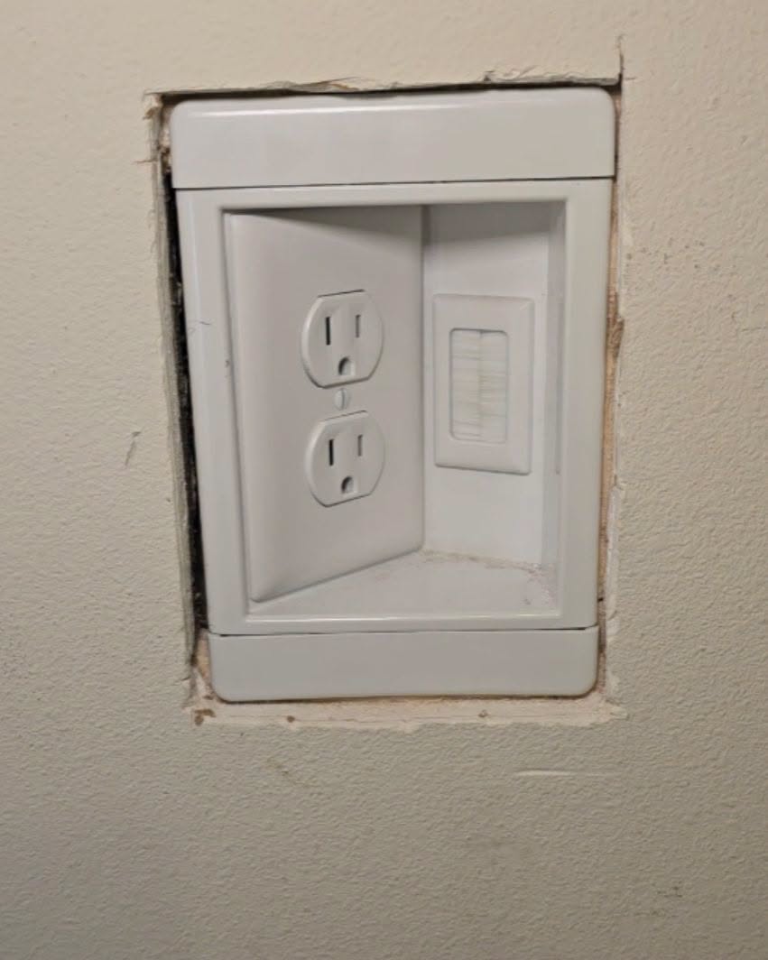 The technician who installed this refused to admit he did it wrong. This is a recessed outlet in a business I frequent often. I asked the owners about it and they said the technician told them this is how the outlet is meant to be.  So I plan on going in and correcting this for the business and just getting it done. Spending time arguing could be used on correcting the darn problem.  These are really easy installs though, they are meant to hide the drywall cute and go in the stud and the backers you add. Backers are wood placed perpendicularly between the two vertical studs. Once the back is secured to the studs then the backer can hold weight and hold an objects postion. Like with this outlet.  My theory is they hadn’t done one of these before and used the cover plate to trace out the cut. Then cut it, placed the backers and then realized they made the whole to big. They either didnt have time or thought it wasn’t worth the added effort to fix it.  If I have to stare at this everytime I go in, I figured y’all should have to as well 🤣🤣🤣 Please share in my frustrations See less